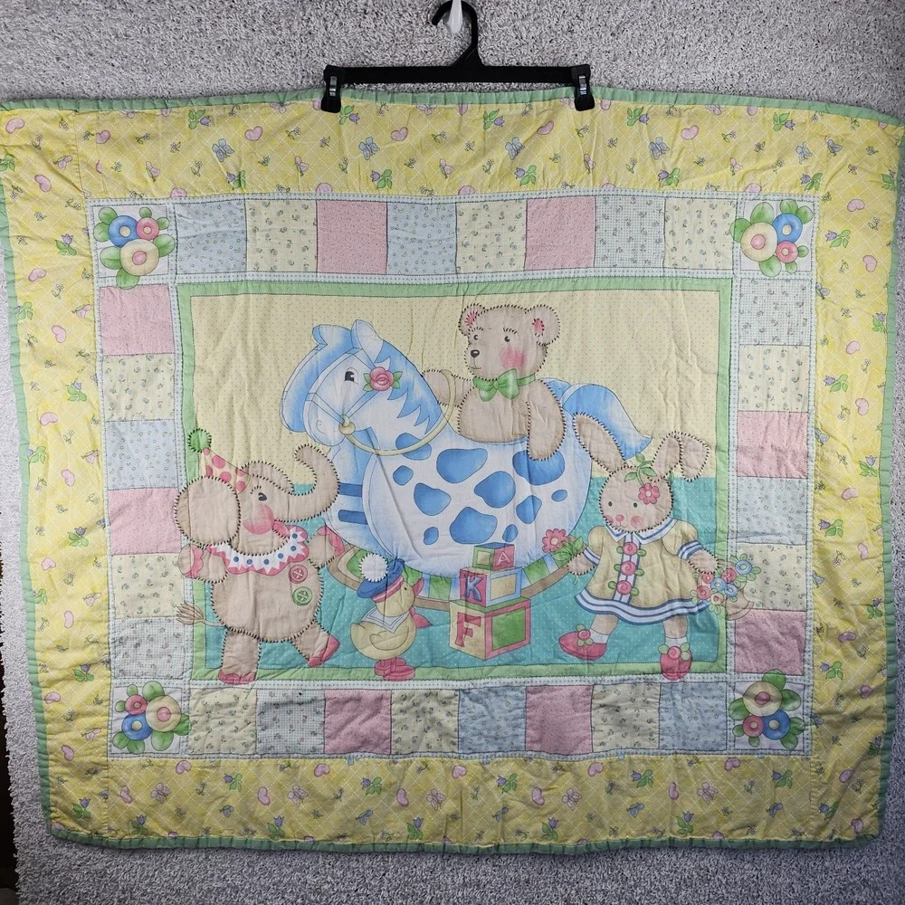 Vintage Baby Crib Blanket Comforter Rocking Horse Bear Bunny 47x41 Grandmacore